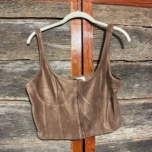 Meraki Brown Suede Cropped Tank Top Corset Clasp in Front Size XL